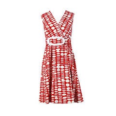 1960's Red & White Op-Art Abstract Mod Cotton-Twill Belted Wrap Dress