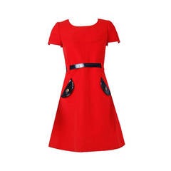 Retro 1968 Courreges Couture Ruby-Red Wool Mod Space-Age Tailored Dress