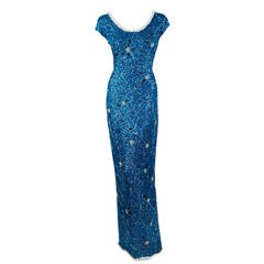 1950's Gene Shelly Beaded Sequin Royal-Blue Wool Knit Hourglass Evening Gown