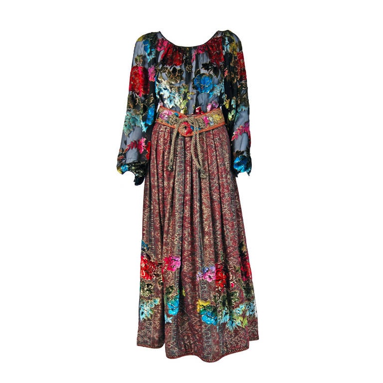 1970's Oscar de la Renta Metallic Colorful Floral Silk Peasant Dress Ensemble