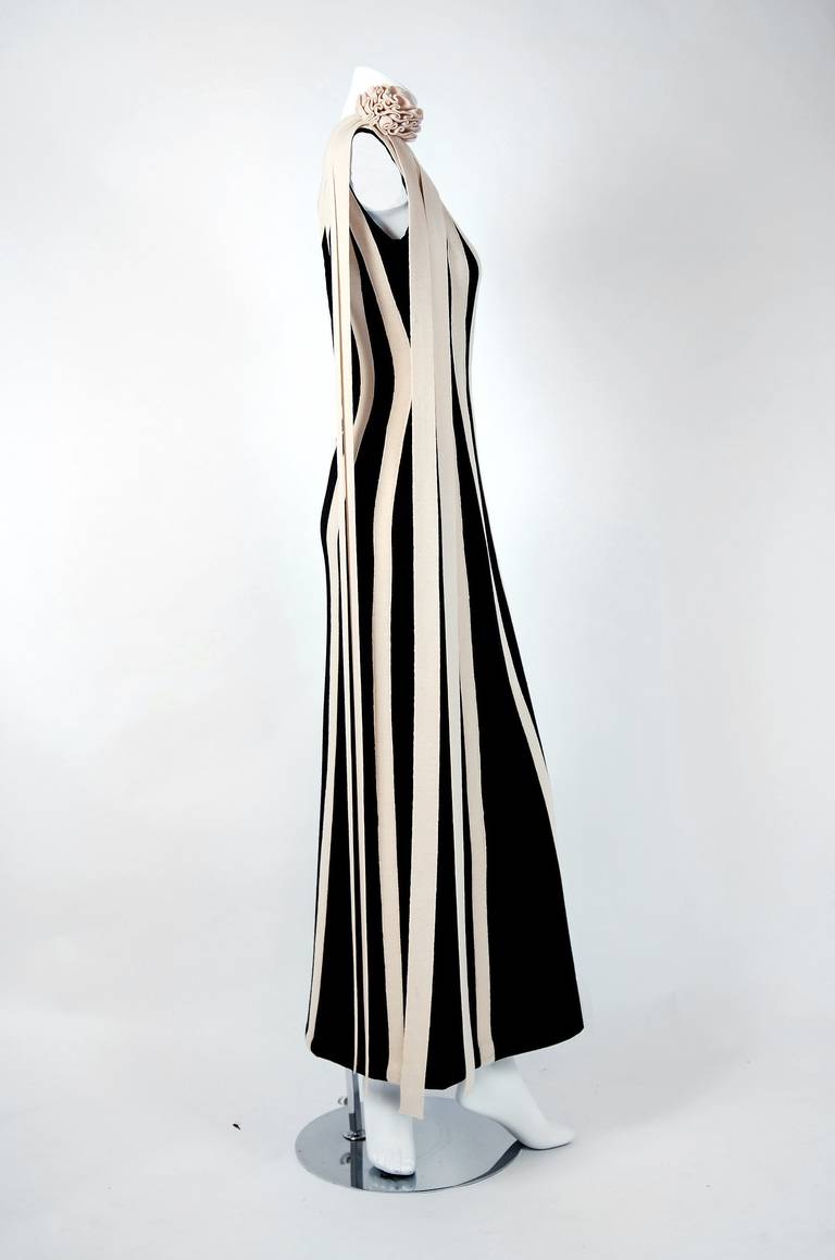 Women's 1960's Black & Ivory Stripe Knit Asymmetric One-Shoulder Hourglass Evening Gown