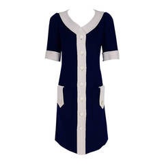 1967 Courreges Couture Navy-Blue & White Wool Block-Color Mod Space-Age Dress 10