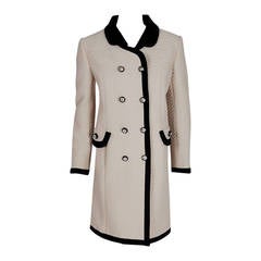 1960's Italian Couture Ivory & Black Waffle Silk-Pique Mod Double-Breasted Coat 6
