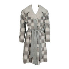 1960's Luxurious White & Grey Checkered Patchwork Mink-Fur Leather Belted Coat