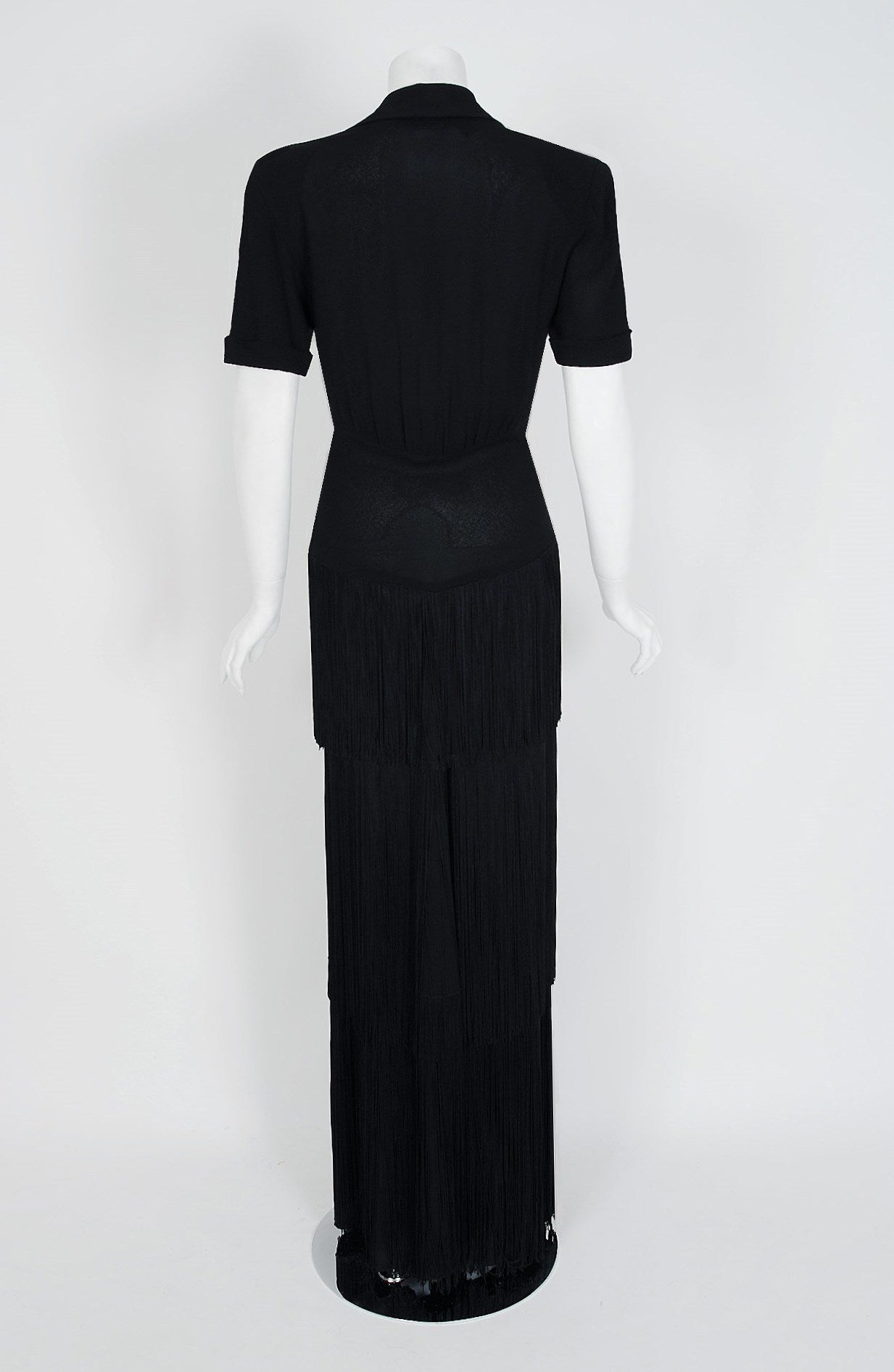 1940's Jean Carol Black Rayon-Crepe Plunge Hourglass Tiered-Fringe Evening Gown 1