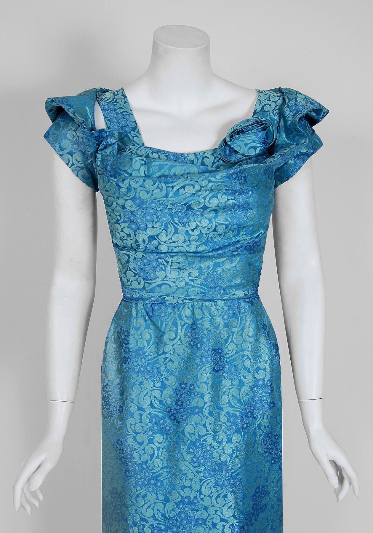 1950's Peggy Hunt Turquoise Floral Silk-Brocade Ruched Hourglass Cocktail Dress