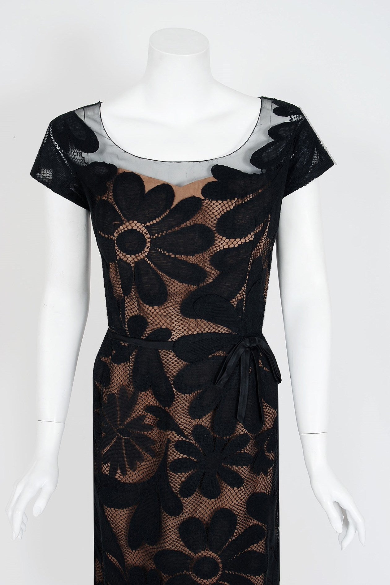 1950's Peggy Hunt Black Ilusion Floral Cotton-Lace Hourglass Cocktail Dress