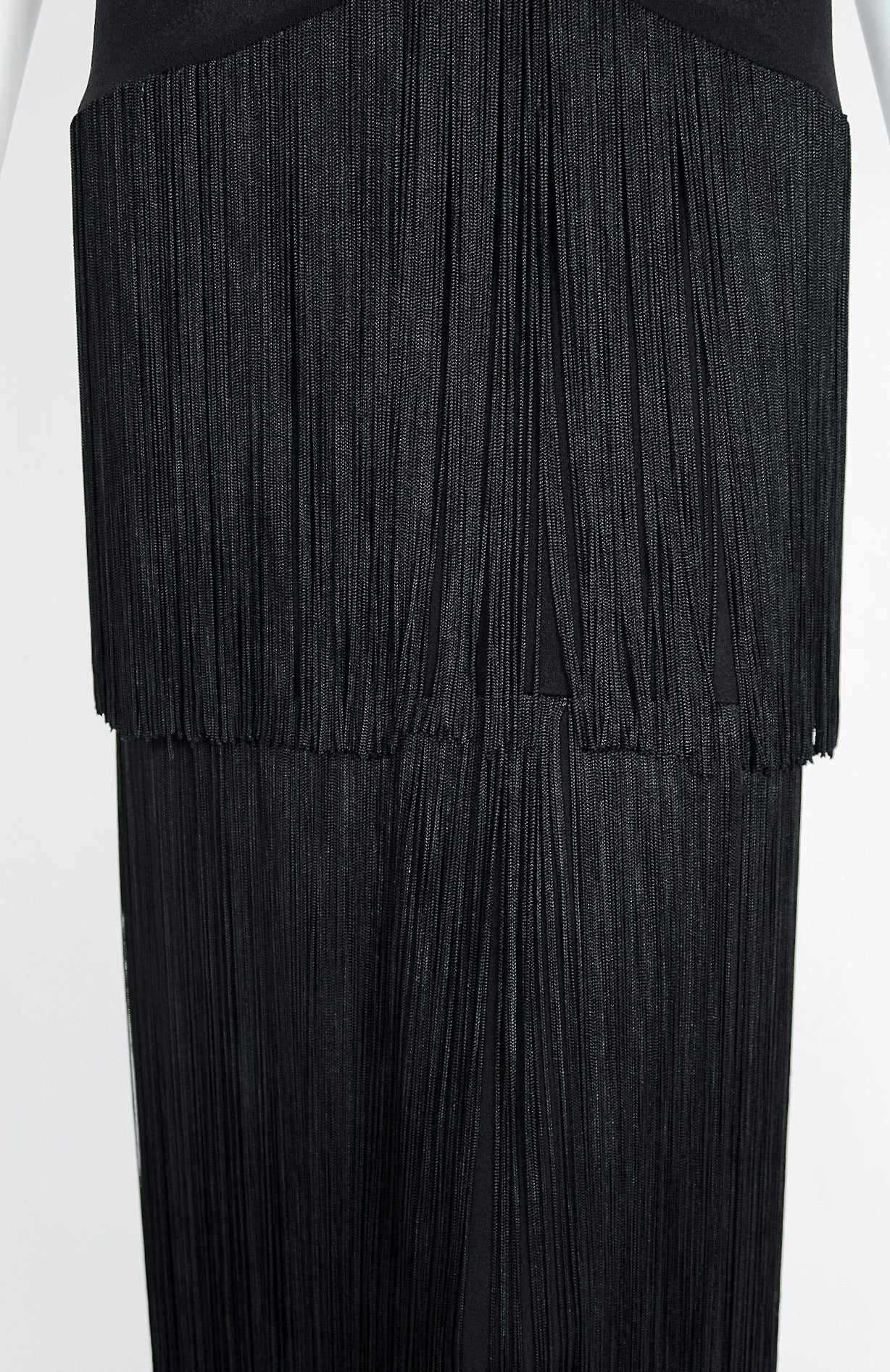 Women's 1940's Jean Carol Black Rayon-Crepe Plunge Hourglass Tiered-Fringe Evening Gown