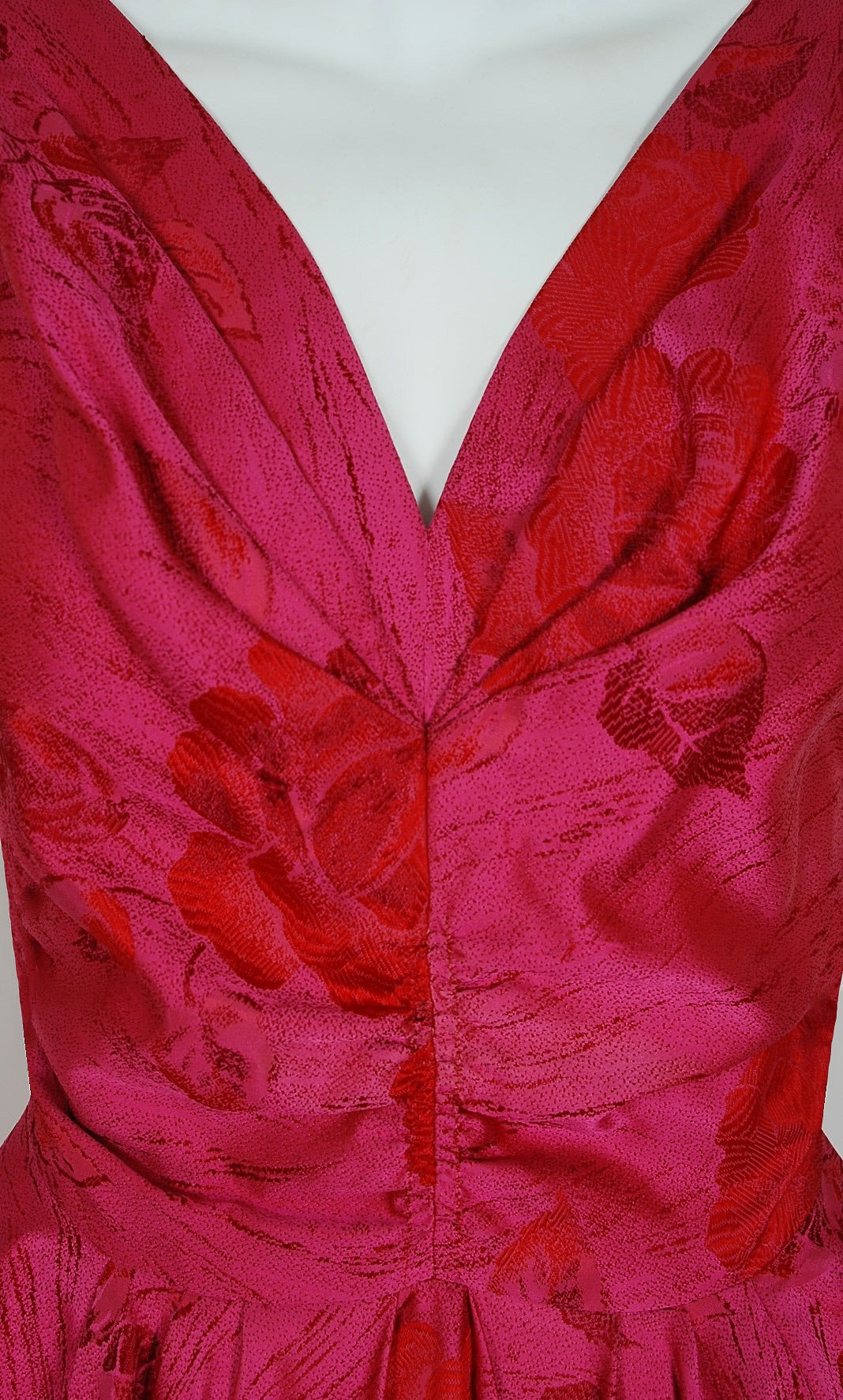 1940's Magenta Rose-Garden Floral Print Silk Couture Draped Evening Gown In Excellent Condition In Beverly Hills, CA