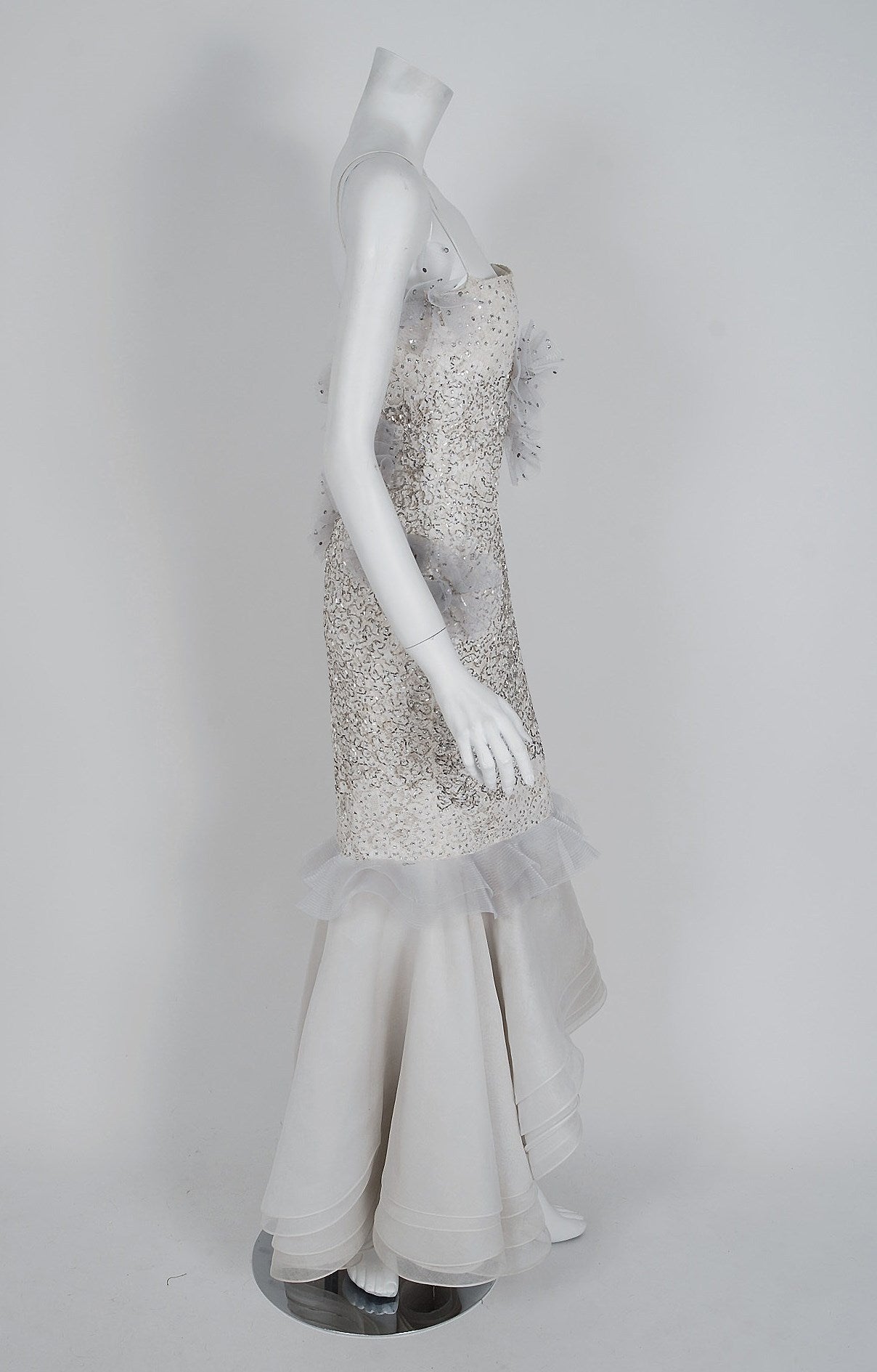 Women's 1955 Nina Ricci Paris Haute-Couture White Rhinestone Lace Silk Mermaid Gown