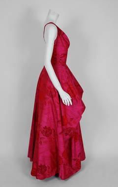 1940's Magenta Rose-Garden Floral Print Silk Couture Draped Evening Gown