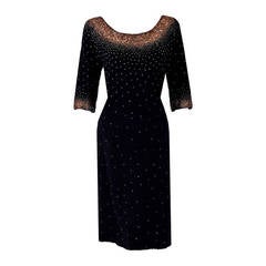 1950's Elegant Gold Beaded Black Hourglass Hand-Knit Wool Wiggle Cocktail Dress