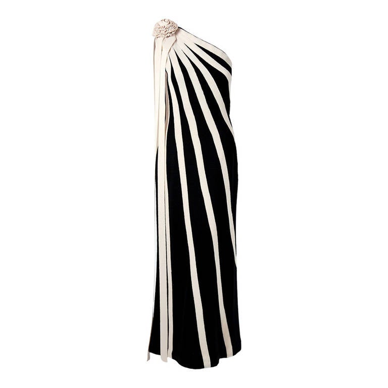1960's Black & Ivory Stripe Knit Asymmetric One-Shoulder Hourglass Evening Gown