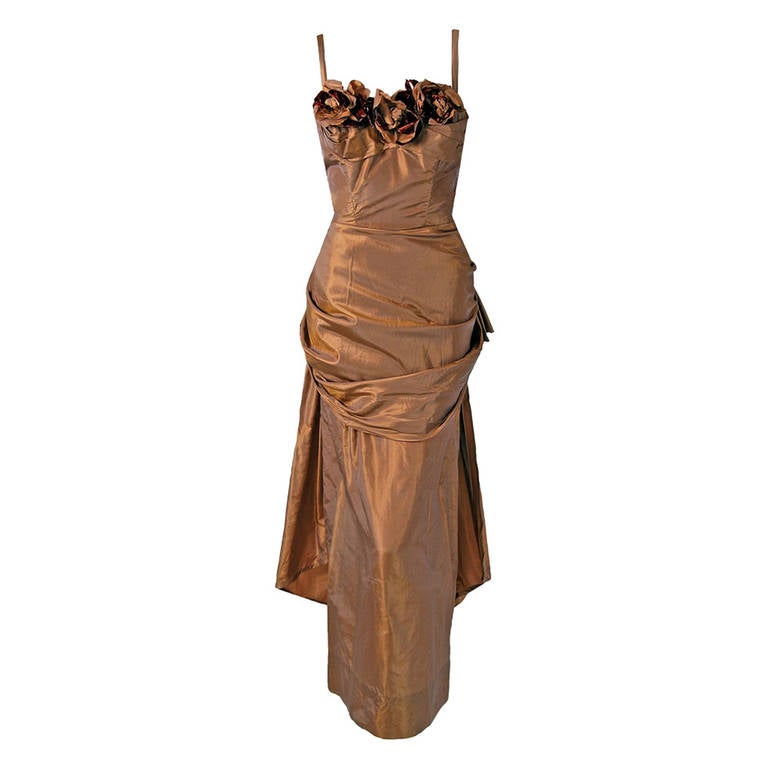 1940
s Don Loper Marigold Silk-Taffeta Petal Shelf-Bust Fishtail Evening Gown