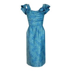 1950's Peggy Hunt Turquoise Floral Silk-Brocade Ruched Hourglass Cocktail Dress