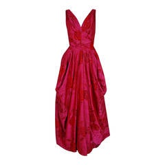 1940's Magenta Rose-Garden Floral Print Silk Couture Draped Evening Gown
