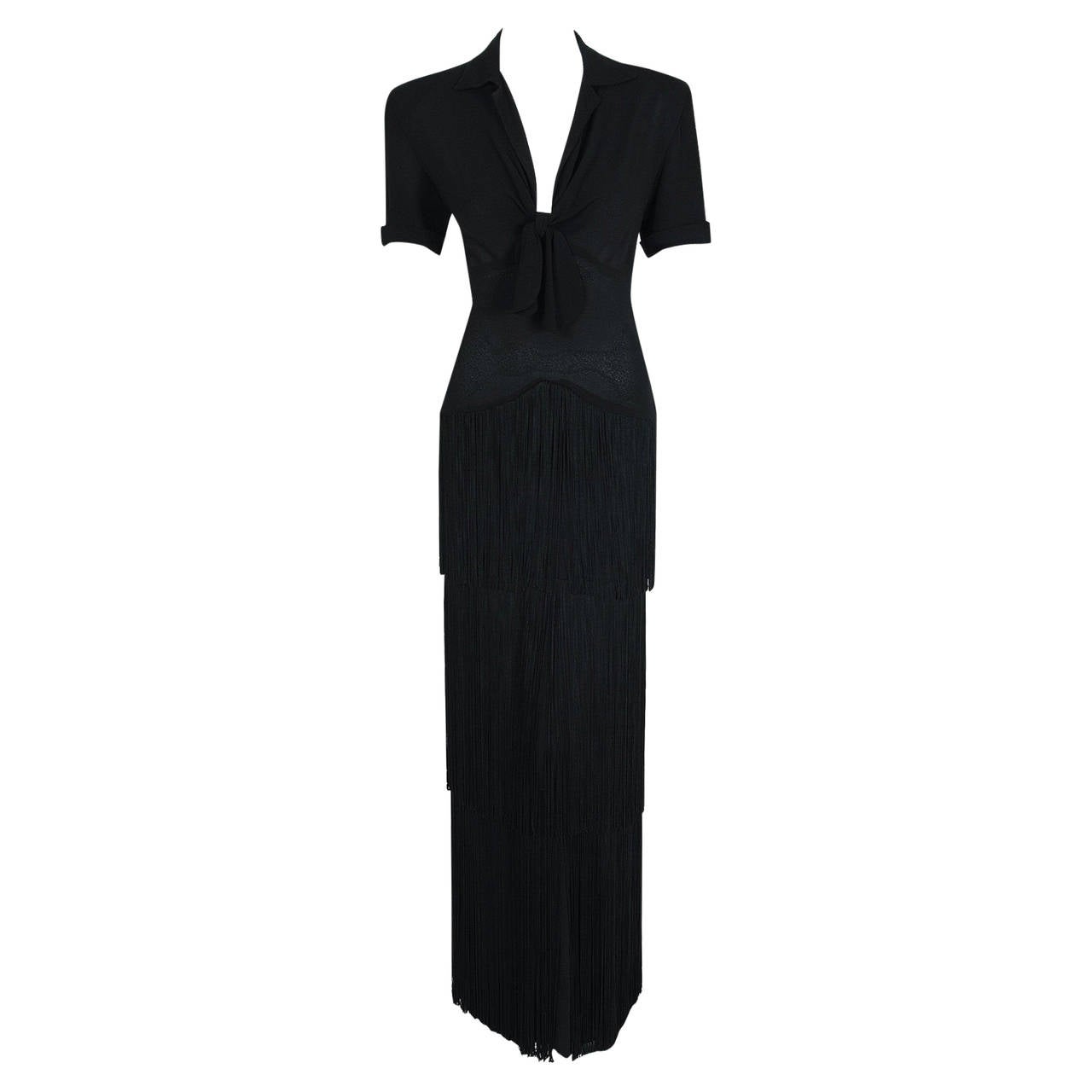 1940's Jean Carol Black Rayon-Crepe Plunge Hourglass Tiered-Fringe Evening Gown