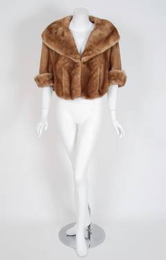 1950's Oleg Cassini Honey-Brown Mink Fur Portrait-Collar Cropped Bolero Jacket
