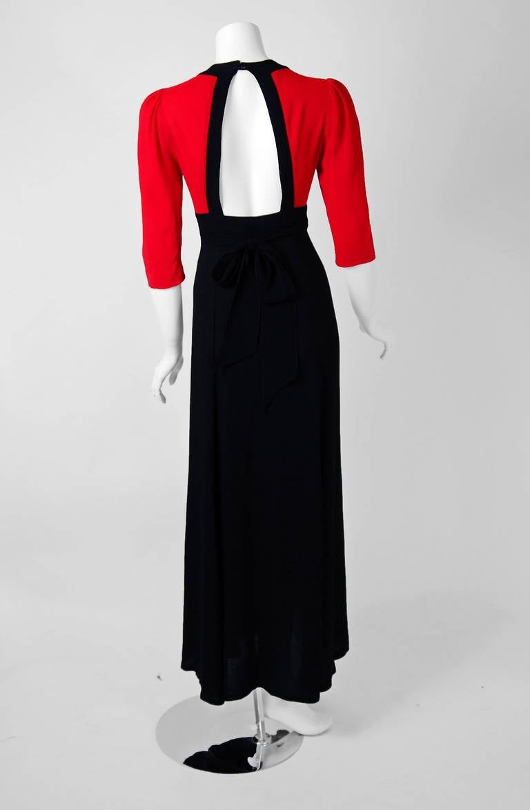 1970's Ossie Clark Moss-Crepe Black & Red Cut-Out Plunge Full-Length Gown Dress In Excellent Condition In Beverly Hills, CA