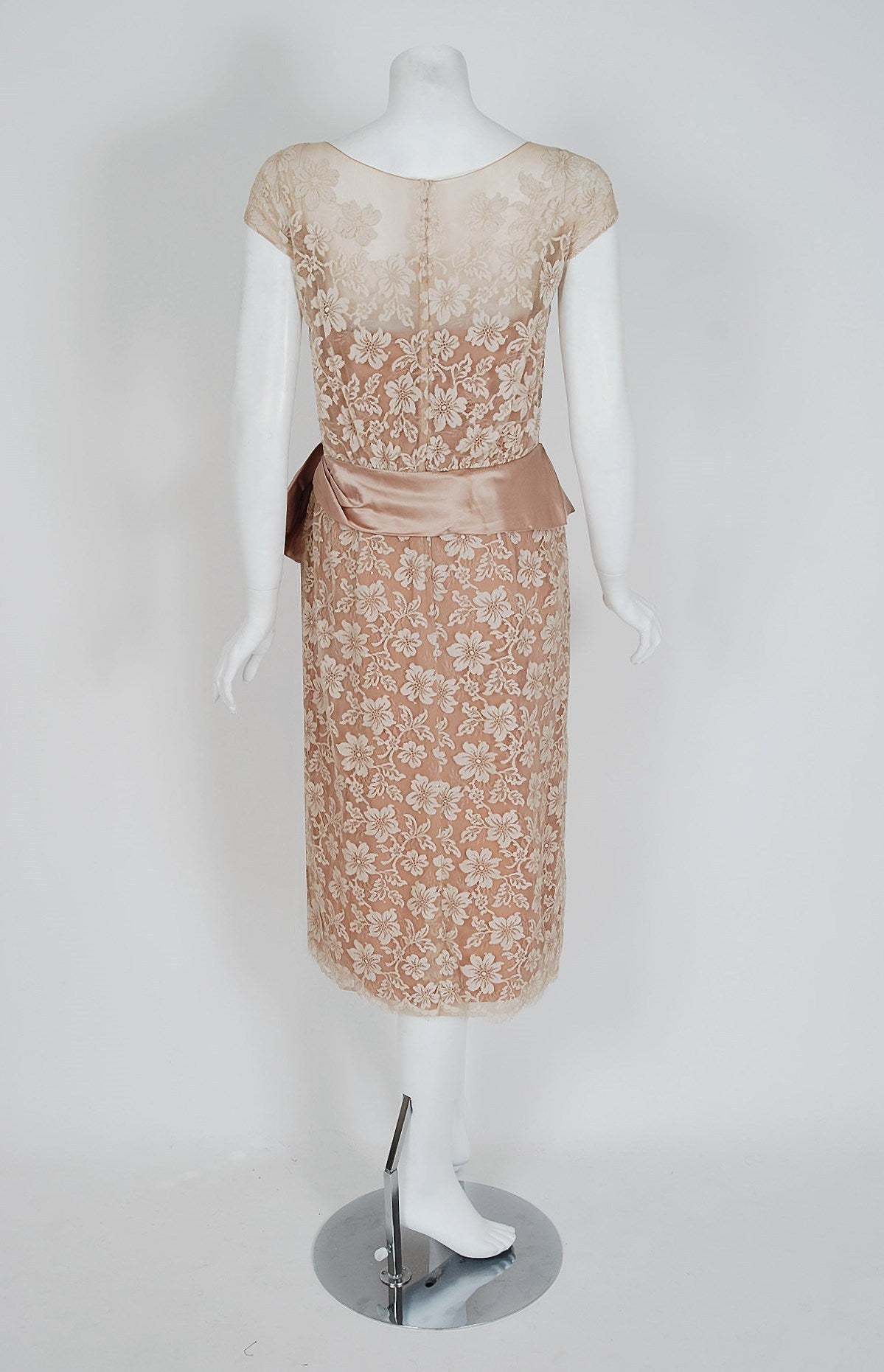 Women's 1950's Peggy Hunt Nude & Ivory Lace Sheer-Illusion Peplum Cocktail Party Dress