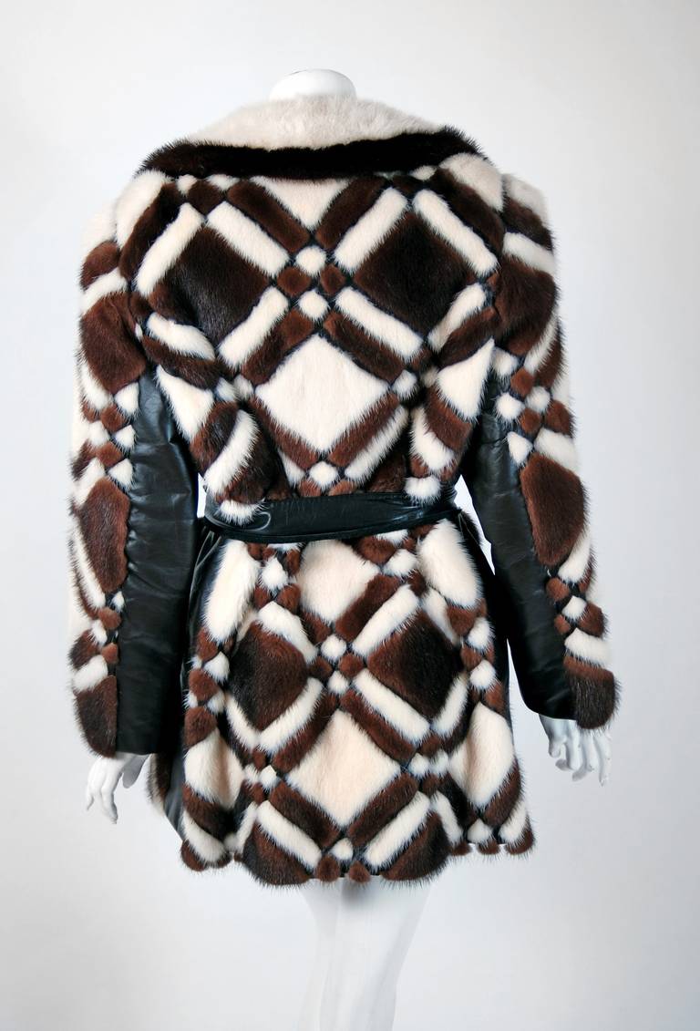 Women's 1960's Luxurious White & Brown Patchwork Mink Fur Leather Belted Jacket Coat