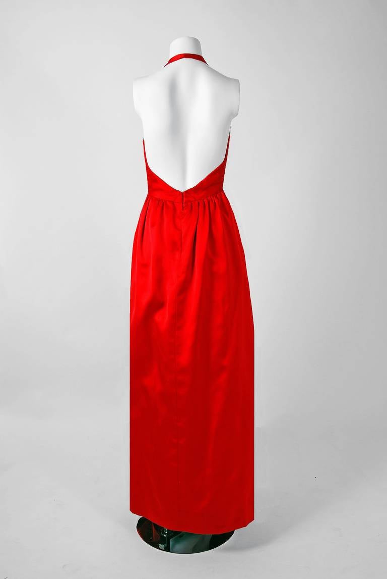 Women's 1960's Donald Brooks Red Satin Low-Plunge Halter Backless Evening Gown & Jacket
