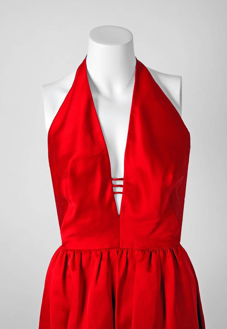 1960's Donald Brooks Red Satin Low-Plunge Halter Backless Evening Gown & Jacket In Excellent Condition In Beverly Hills, CA