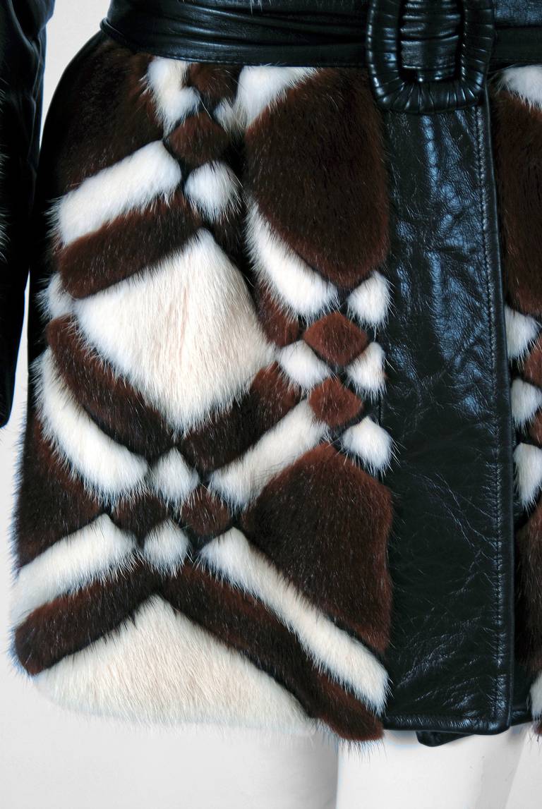 1960's Luxurious White & Brown Patchwork Mink Fur Leather Belted Jacket Coat In Excellent Condition In Beverly Hills, CA