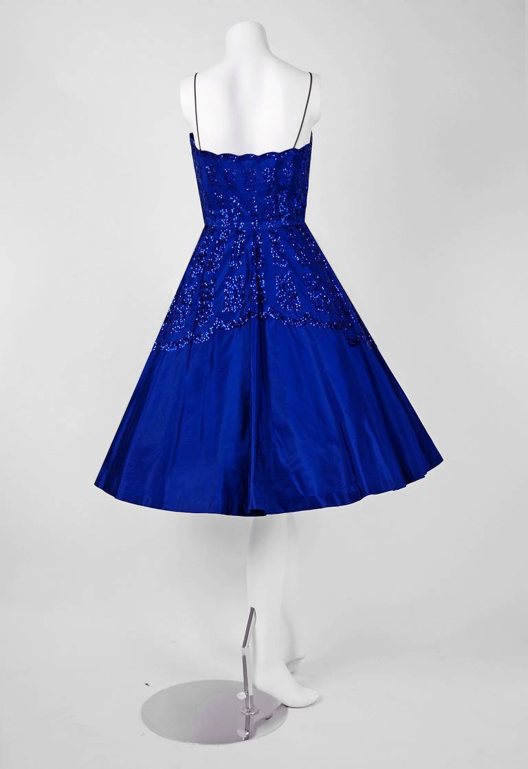 1950's Frank Starr Sequin Indigo Blue-Purple Silk Full Party Dress & Cape 2