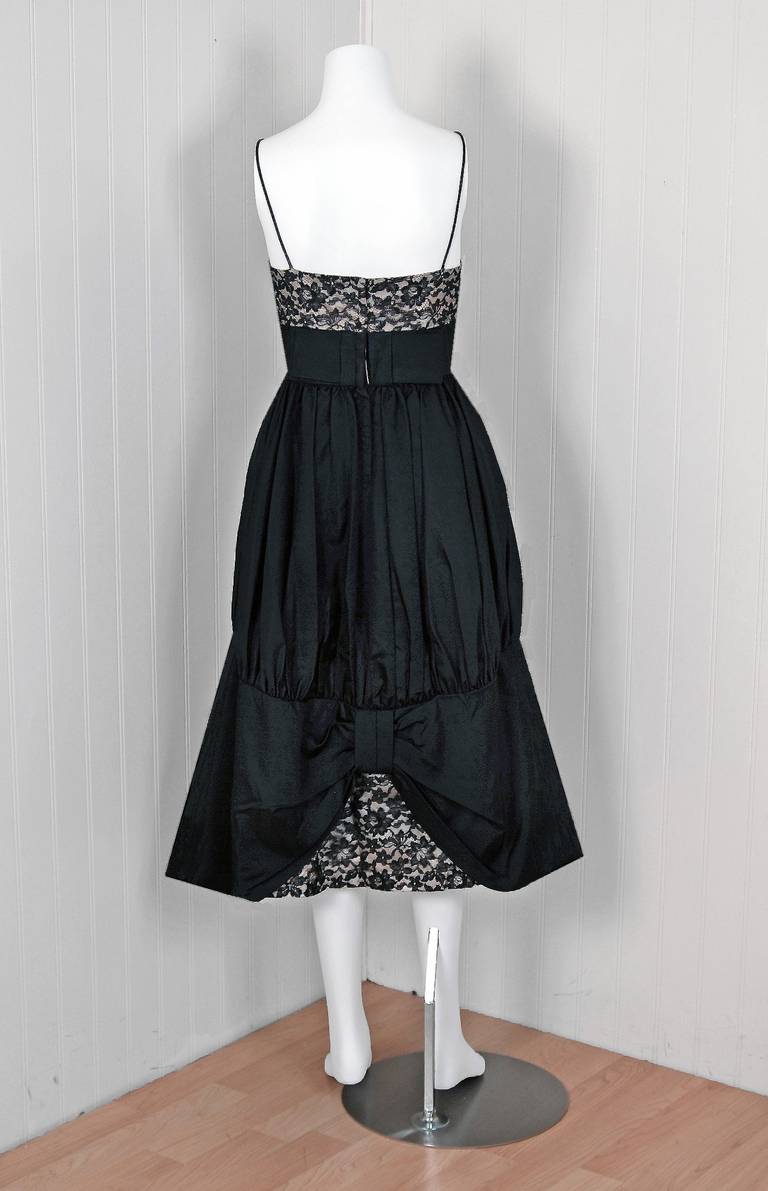 1950 S Elegant Black Rhinestone Lace Illusion And Silk Sculpted Party