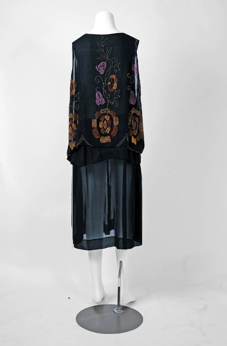 1920's French Floral Beaded Black Chiffon Deco Pleated Drop-Waist Flapper Dress 1