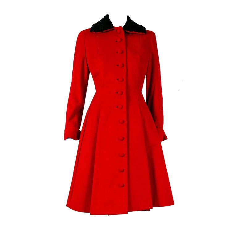 1940's Ruby-Red Wool & Persian Lamb Princess Fur Swing Dress Coat