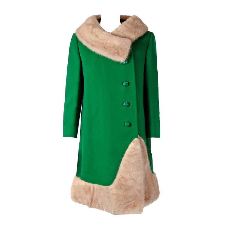 1960's Elegant Emerald-Green Wool & Ivory-White Mink Fur Mod Tailored Coat