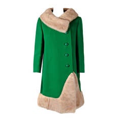 Vintage 1960's Elegant Emerald-Green Wool & Ivory-White Mink Fur Mod Tailored Coat