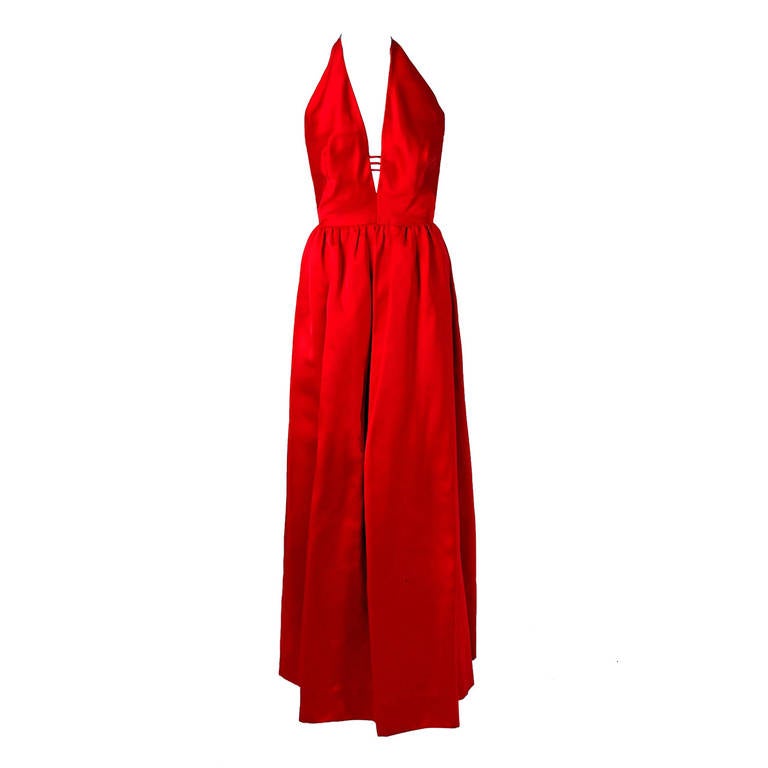 1960's Donald Brooks Red Satin Low-Plunge Halter Backless Evening Gown ...