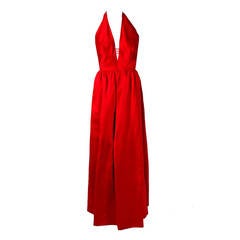 1960's Donald Brooks Red Satin Low-Plunge Halter Backless Evening Gown & Jacket