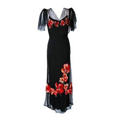 1930's Red-Poppies Floral Applique Silk Tulle Illusion Flutter-Sleeve Deco Gown