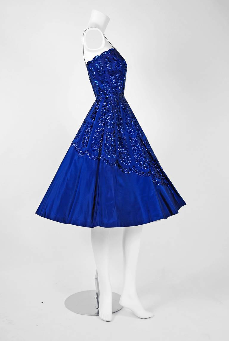 1950's Frank Starr Sequin Indigo Blue-Purple Silk Full Party Dress & Cape 1