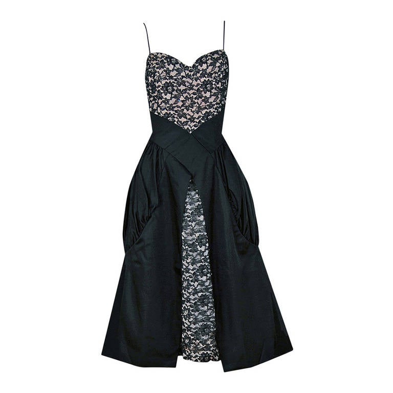 1950
s Elegant Black Rhinestone Lace-Illusion 
Silk Sculpted Party Dress