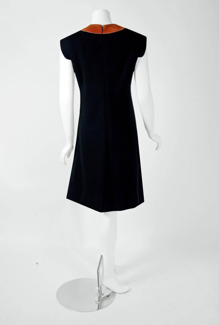 Women's 1960's Pierre Cardin Space-Age Black Wool & Brown Suede Block-Color Mod Dress