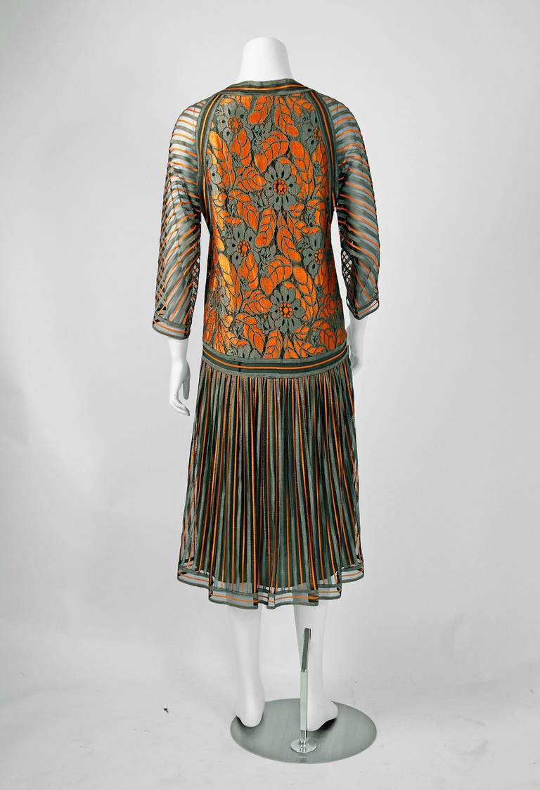 Women's 1970's Janice Wainwright Marigold & Gray Silk-Net Lace Deco Flapper Dress