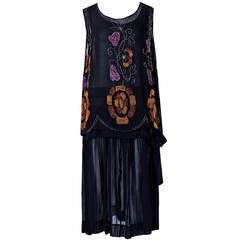 1920's French Floral Beaded Black Chiffon Deco Pleated Drop-Waist Flapper Dress