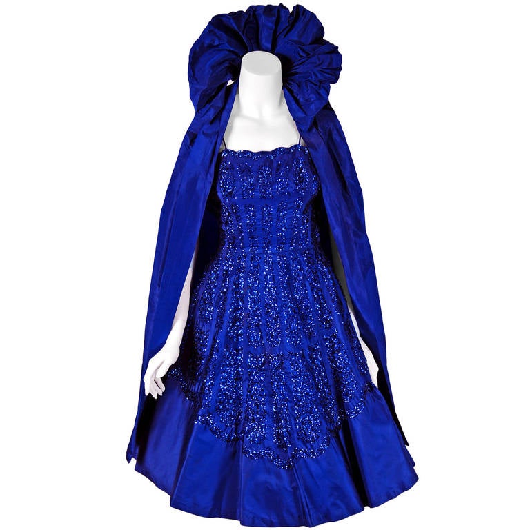 1950's Frank Starr Sequin Indigo Blue-Purple Silk Full Party Dress & Cape