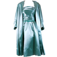 Vintage 1950's Exquisite Mint-Green Satin Strapless Full Party Dress & Matching Coat