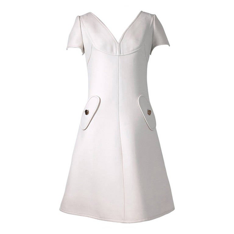 1966 Courreges Couture Ivory-White Tailored Wool Space-Age Mod Dress