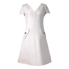Retro 1966 Courreges Couture Ivory-White Tailored Wool Space-Age Mod Dress