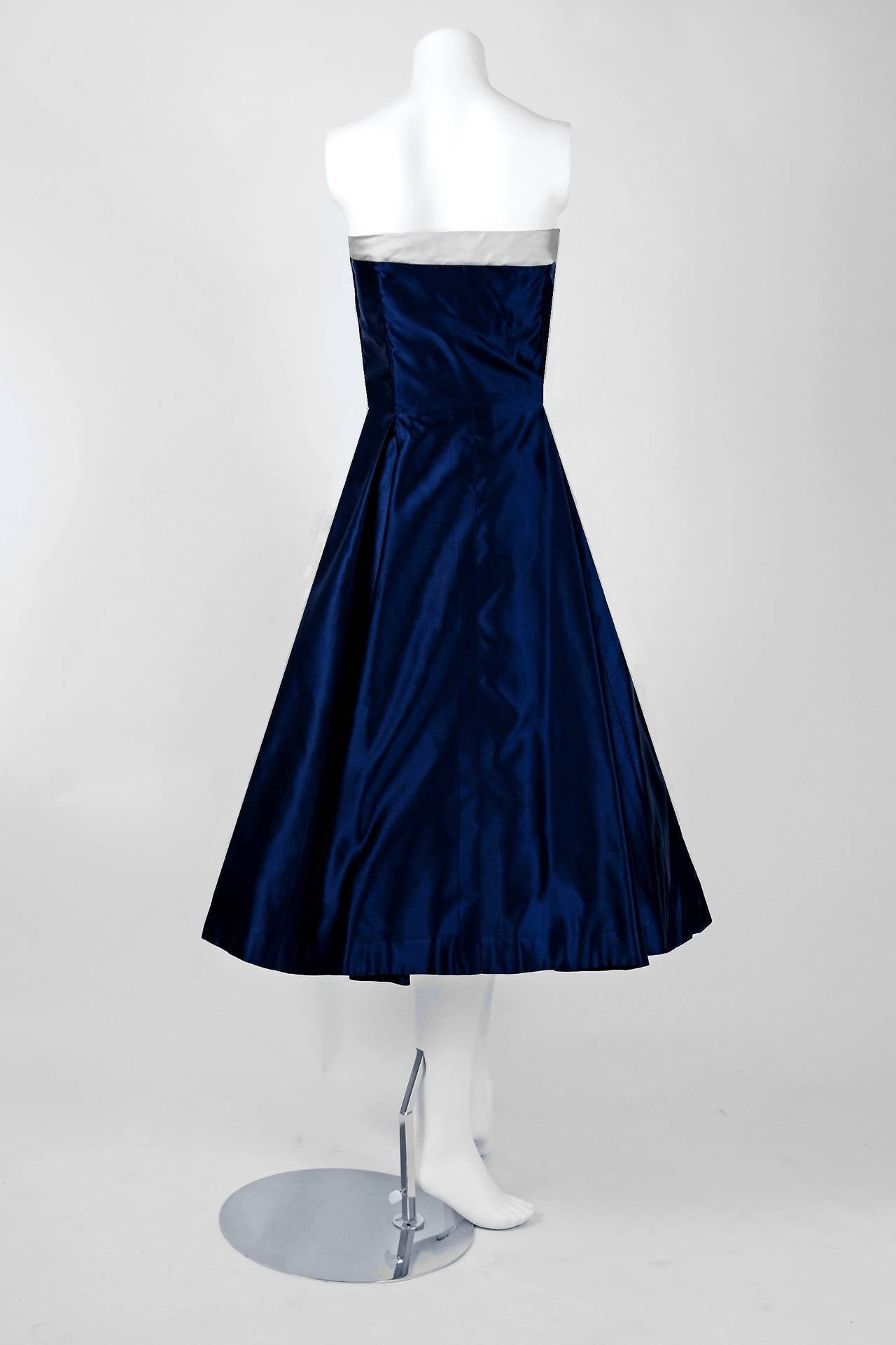 Women's 1950's Lanvin Castillo Haute-Couture Navy & Ivory Satin Strapless Dress Ensemble