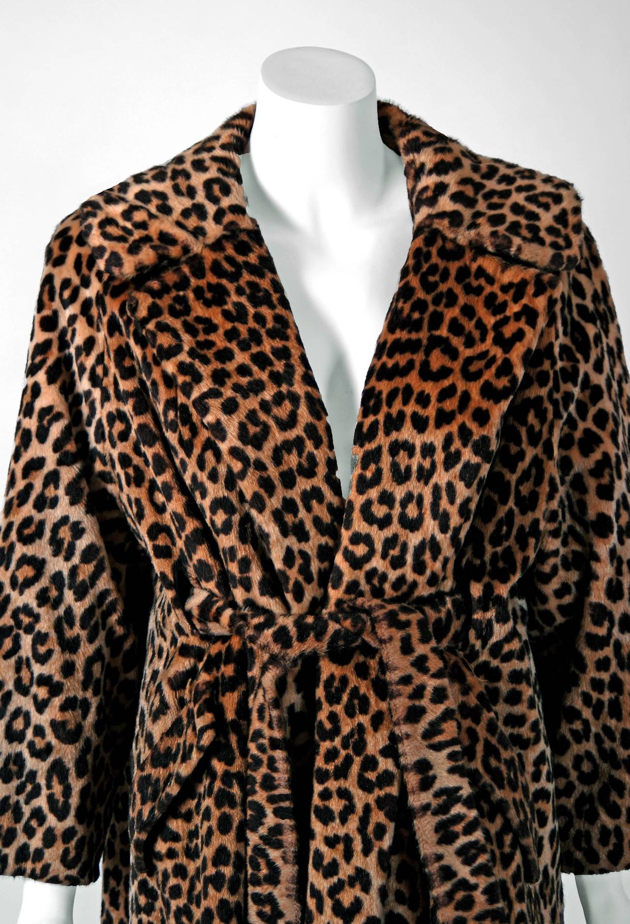 1960's Gorgeous Leopard Animal-Print Faux Fur Belted Trench Coat Jacket