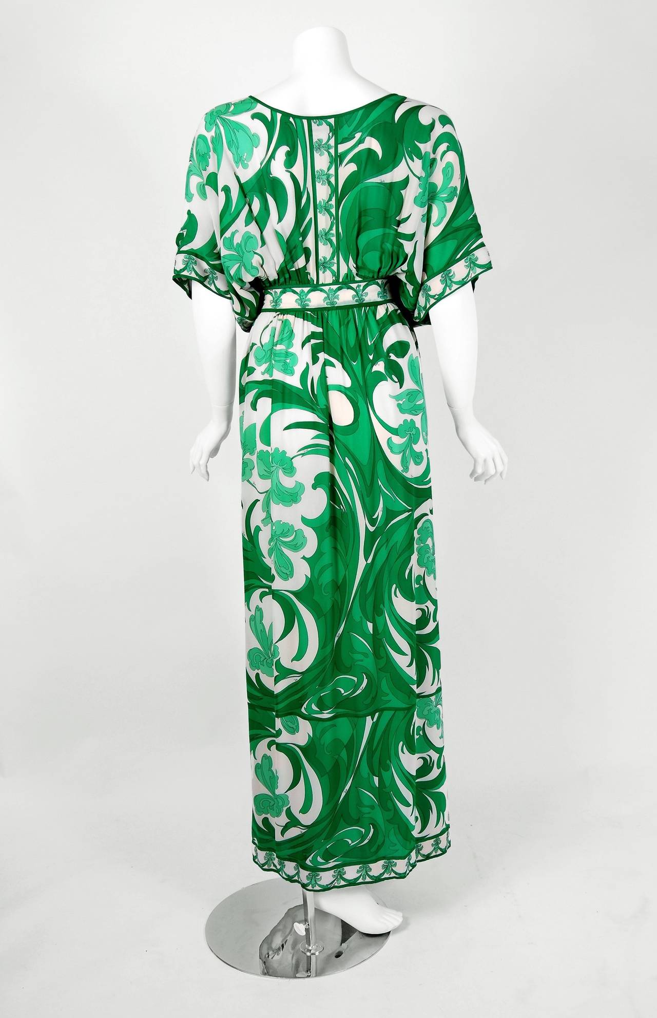 1970's Emilio Pucci Emerald-Green Print Silk Batwing-Sleeves Maxi Dress Gown In Excellent Condition In Beverly Hills, CA