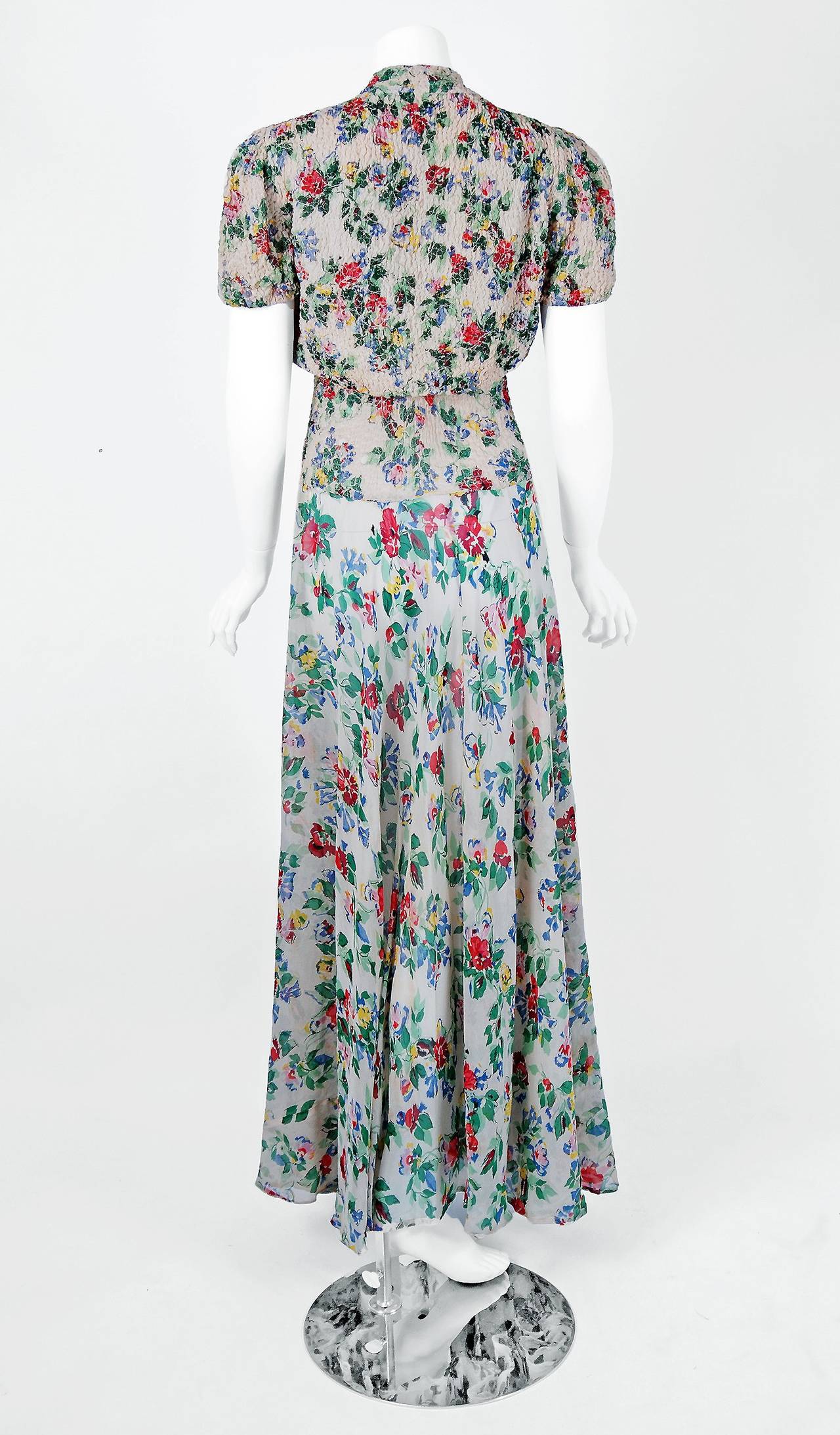 1940's Ceil Chapman Floral Garden Silk-Chiffon Hourglass Bias-Cut Gown & Bolero 2